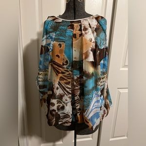 Madison Paige blouse in blue and browns sleeveless